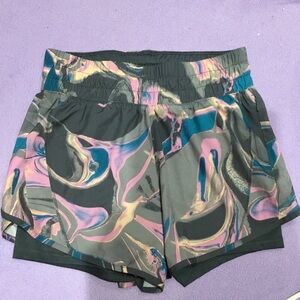Avia Women's Marble-Print Athletic Shorts in Olive, Pink & Teal